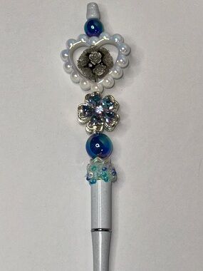 Decorative Blue and White Crystal Heart Pen - with Extender
